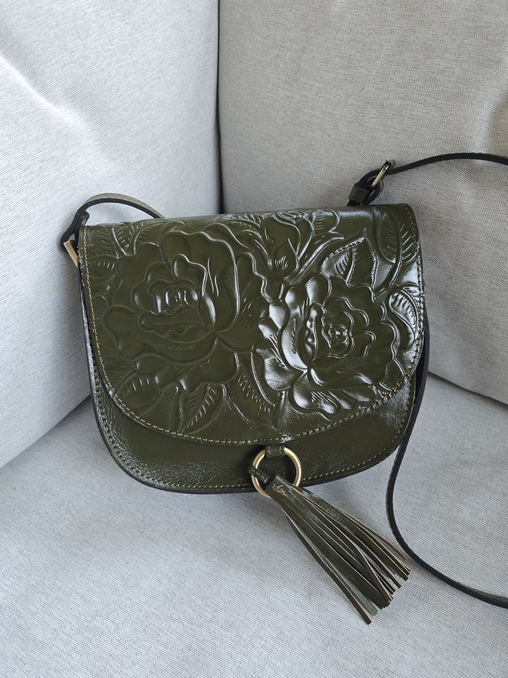 Patricia Nash Olive Green Embossed Floral Crossbody with Tassel